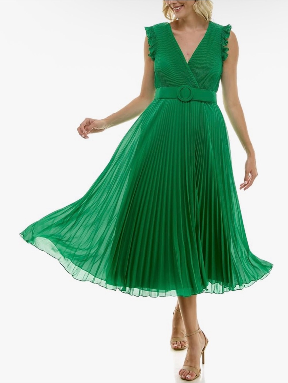 Taylor Women's Sleeveless Ruffle Shoulder V-Neck Mock Wrap Pleated Midi Dress